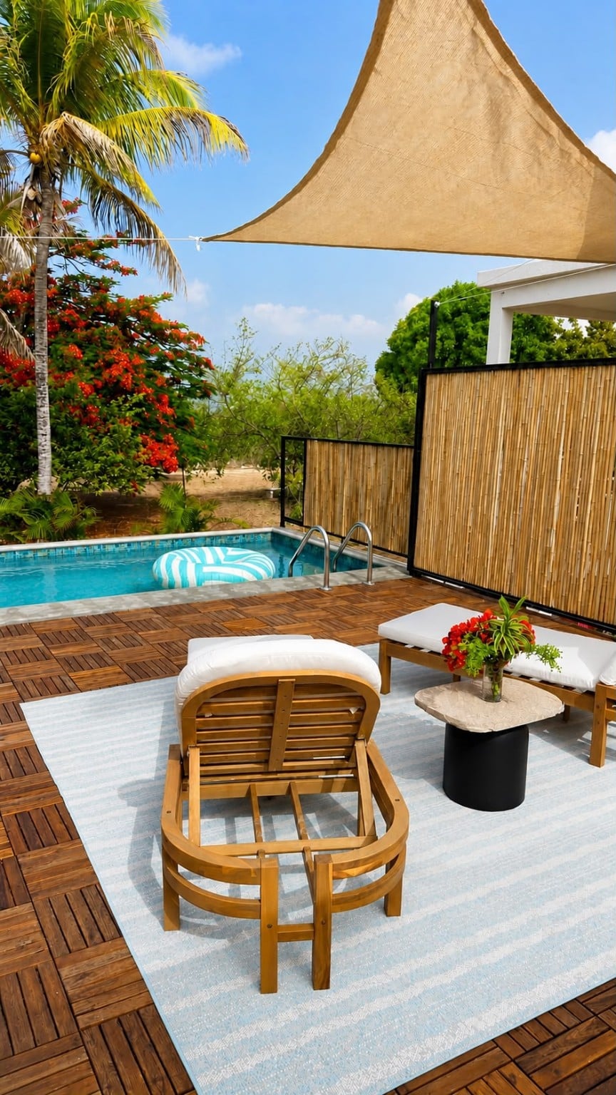 Casita Aubani’s private pool and sun loungers, framed by tropical greenery and a shade sail